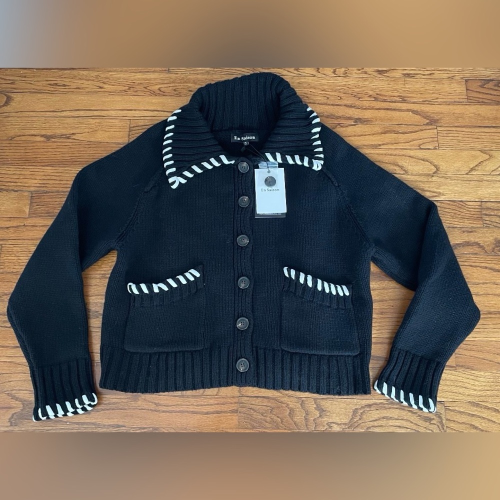 En Saison Piper Whipstitch Black & White Cardigan Sweater Women’s Medium NEW - Picture 1 of 14